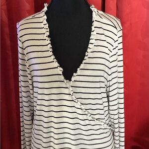 Nordstrom Cream and Black Striped V-Neck Blouse